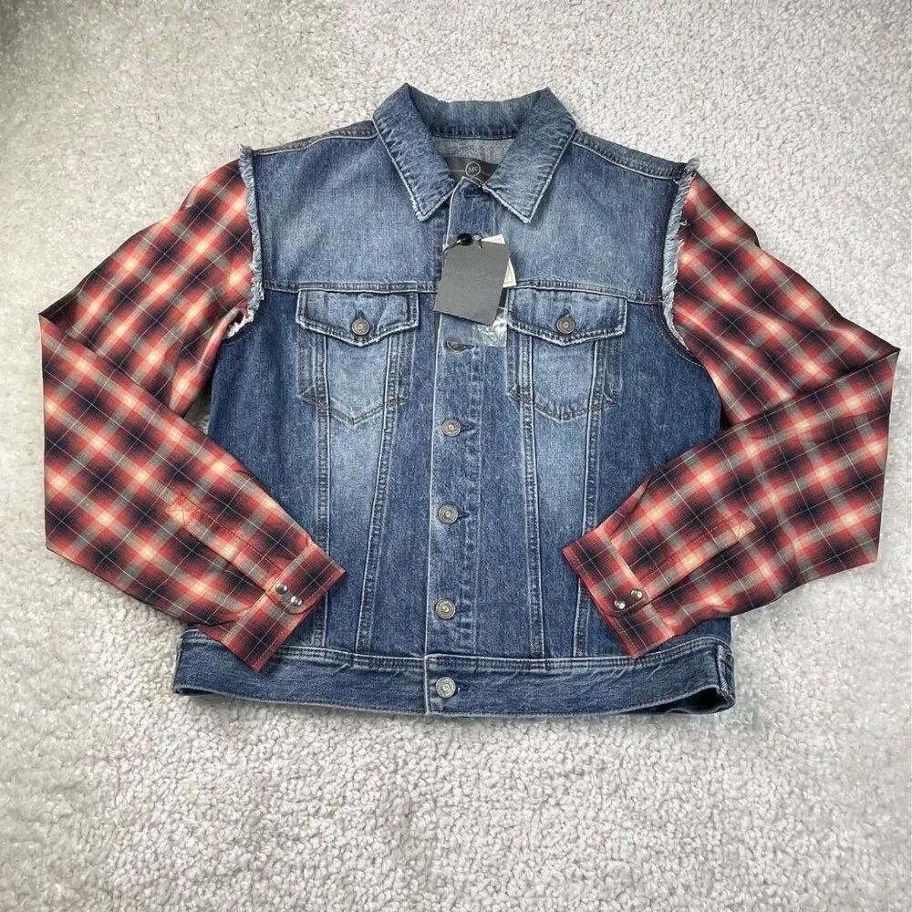 Alexander McQueen Denim Trucker Jacket Plaid Sleeves Womens 52 XL US NEW